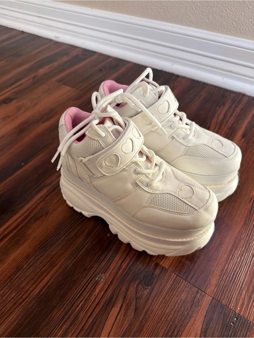 Dolls Kill Cream Platform Lace-Up Sneakers with Pink Lining